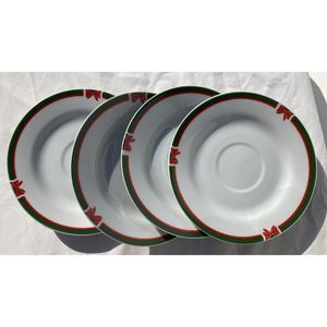 Set (4) Ribbons & Tree Christmas Green & Red Border w/ Bows 6" Porcelain Saucers